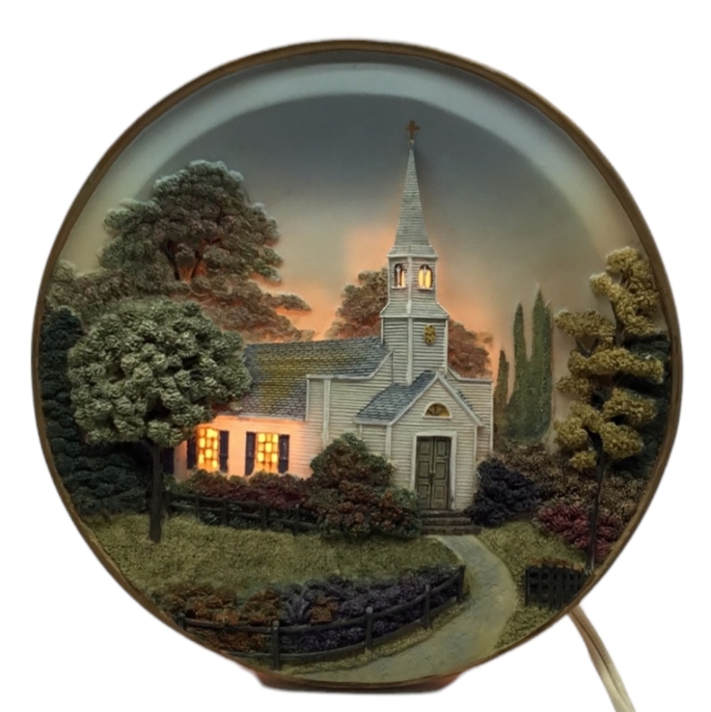 Vintage Lighted 3D Round Plate Church Scene Nightlight Lamp Working Home Décor